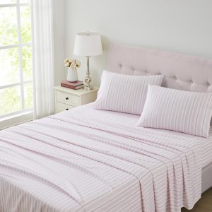 Brampton Stripe Blush Pink Flannelette Sheet Set by Laura Ashley